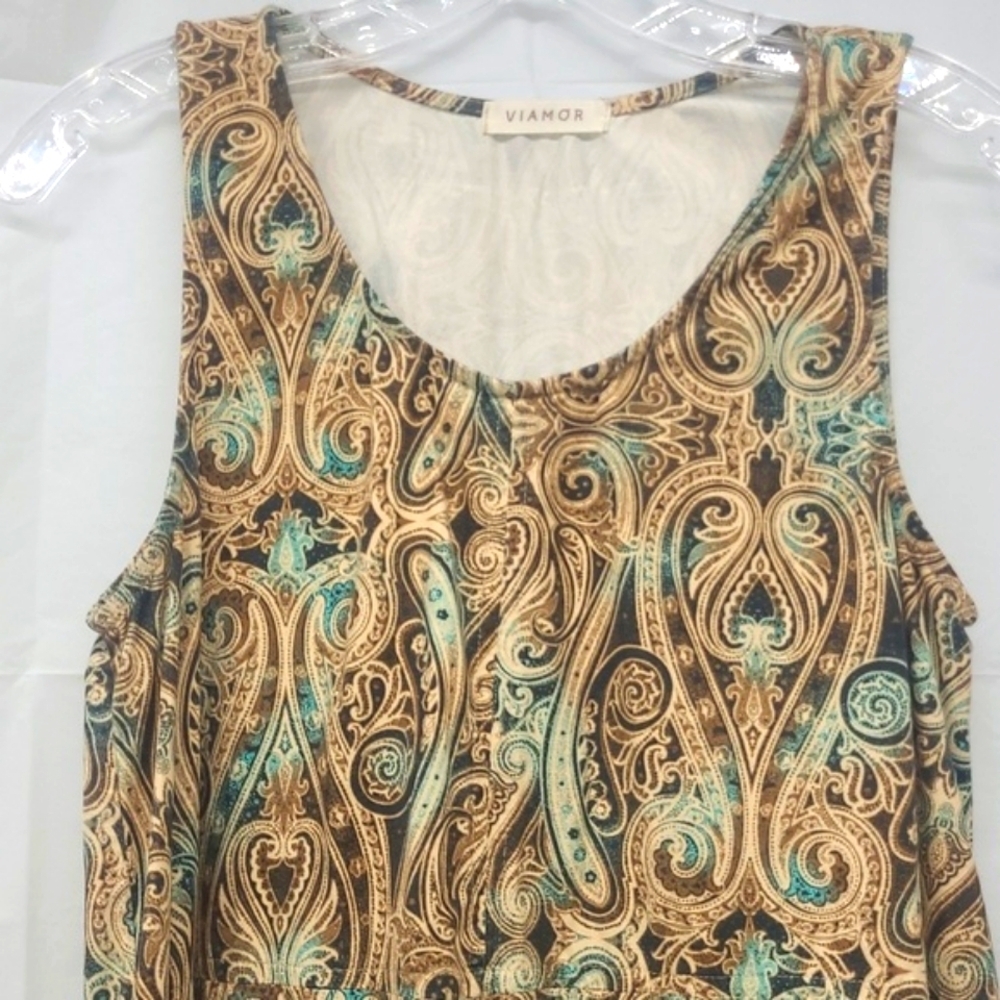 Midi Sundress Microsuede Sheath Dress Rich Swirly Print Brown Blue Contrast Boho - Picture 6 of 8